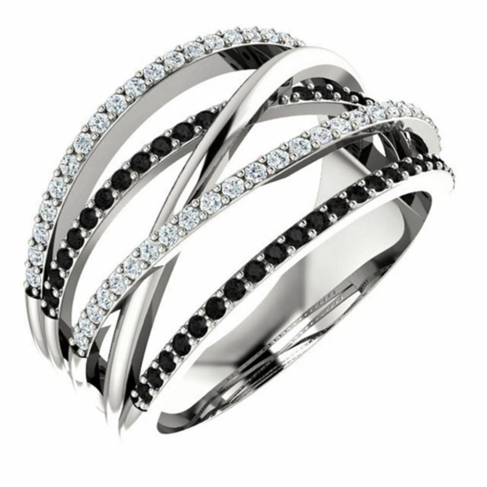 Multi Rows 925 Silver White & Black Sapphire Ring